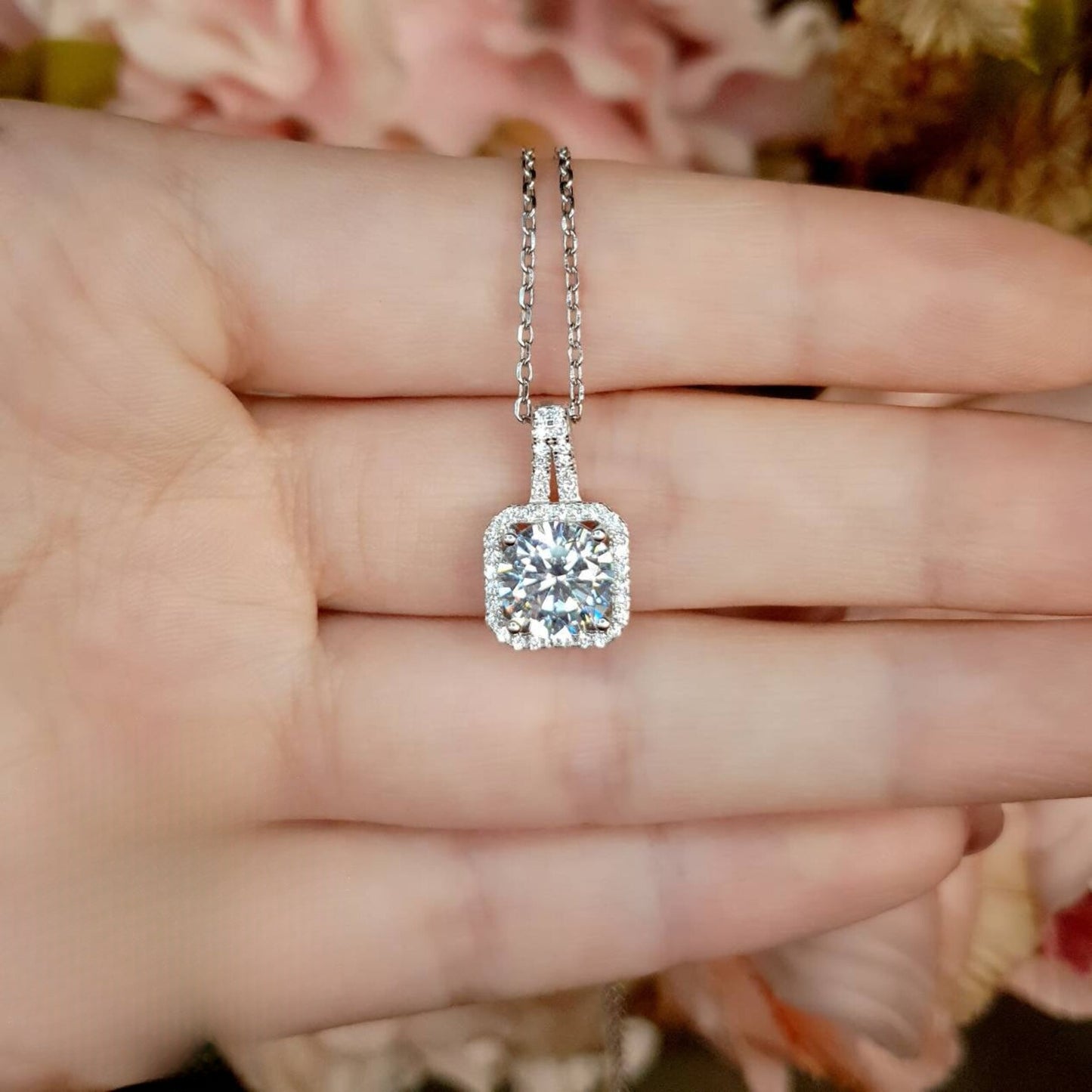 Unique Square Halo Lab Grown Diamond Necklace