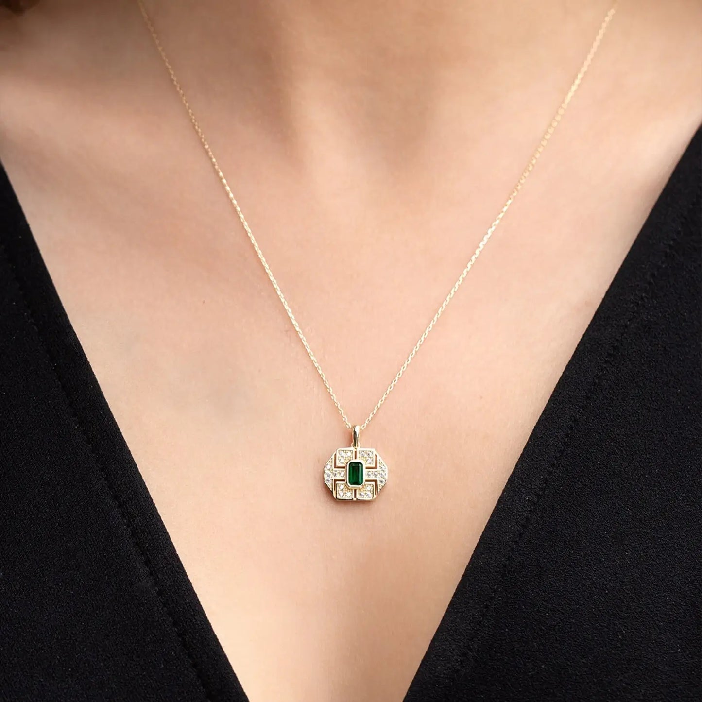 Dainty Chain Necklace with Baguette Pendant in Green or Pink