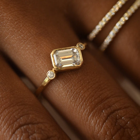 Man-Made Diamond Gold Ring with Emerald-Cut Solitaire