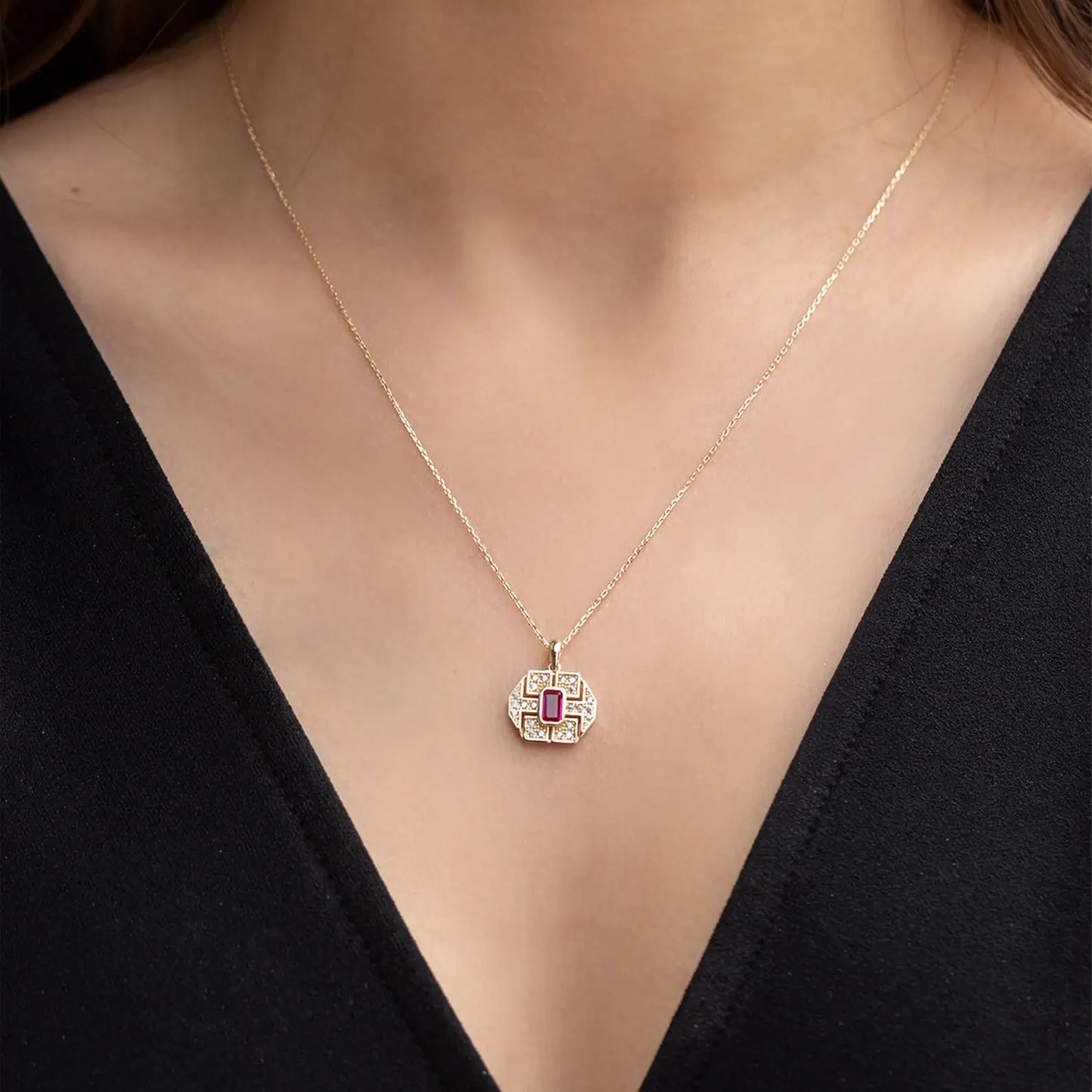 Dainty Chain Necklace with Baguette Pendant in Green or Pink