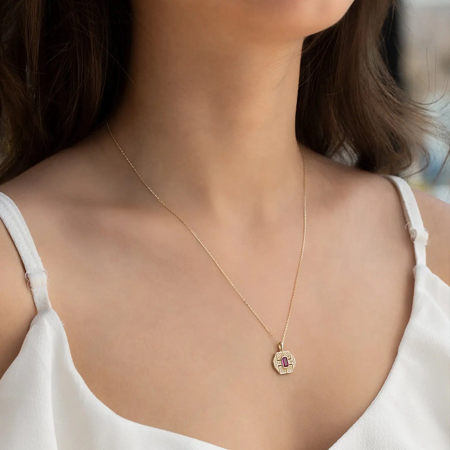 Dainty Chain Necklace with Baguette Pendant in Green or Pink
