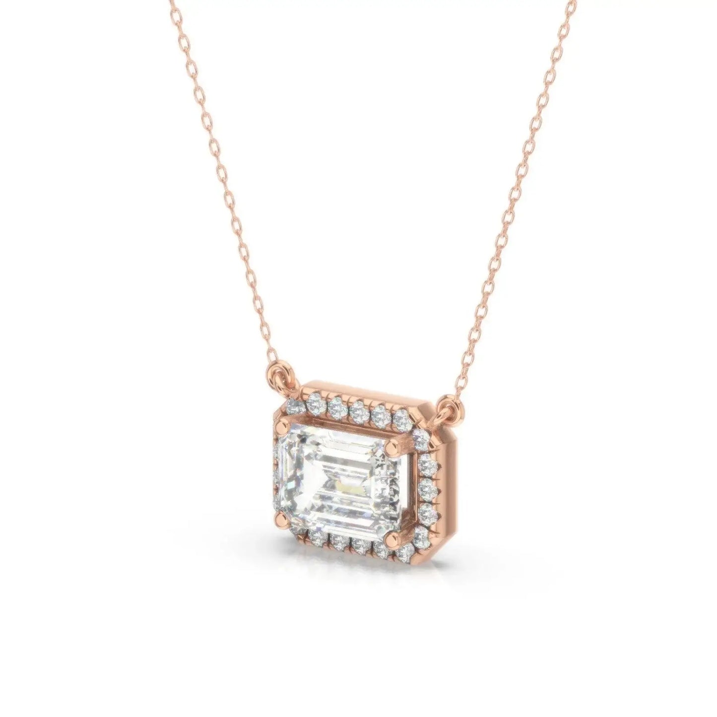 Emerald Cut Lab Grown Diamond Halo Pendant with Chain