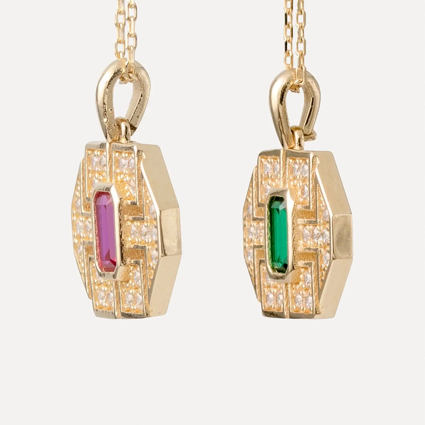 Dainty Chain Necklace with Baguette Pendant in Green or Pink