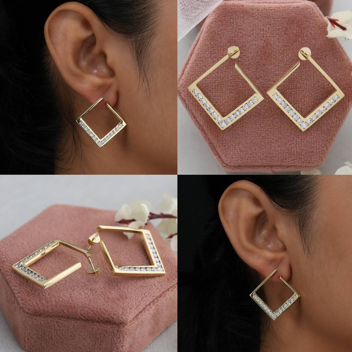 Round-Cut Lab-Grown Diamond Earrings in Large Squares and Channel Settings