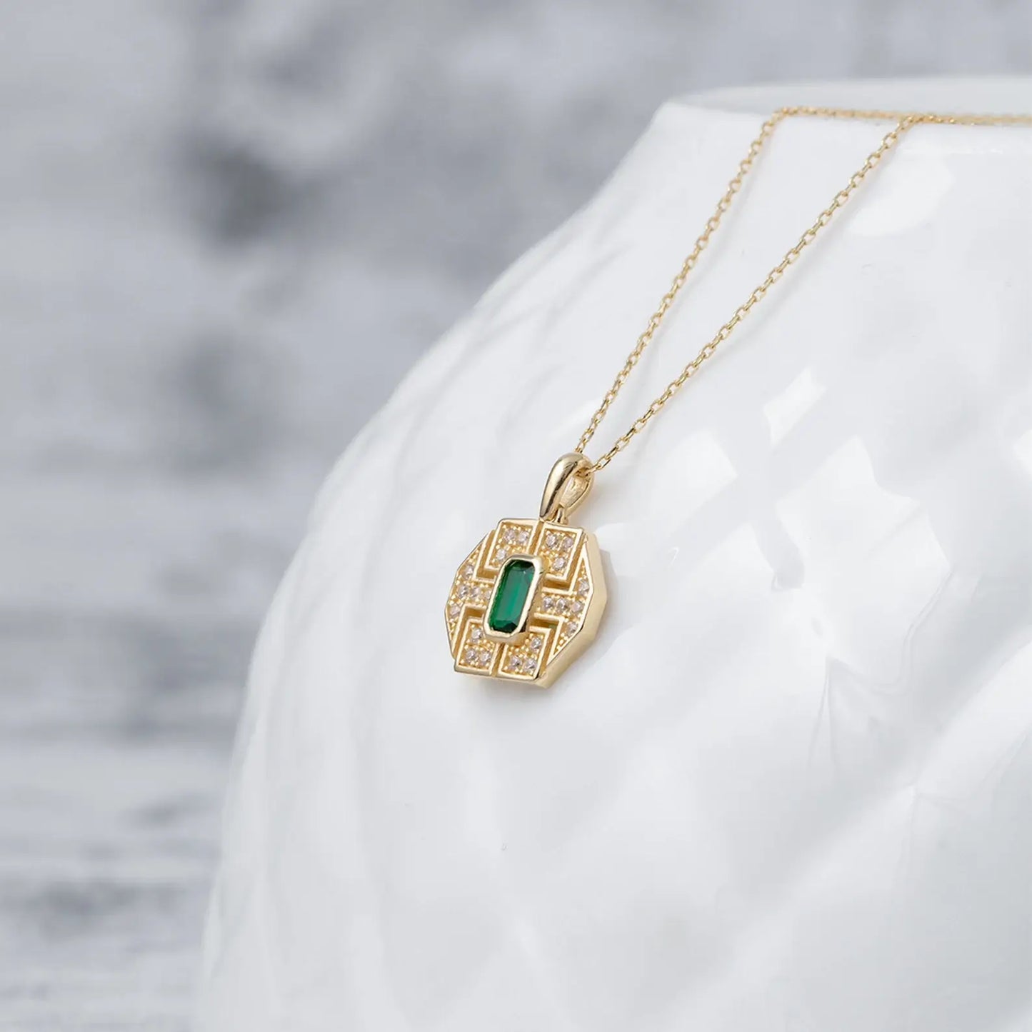 Dainty Chain Necklace with Baguette Pendant in Green or Pink