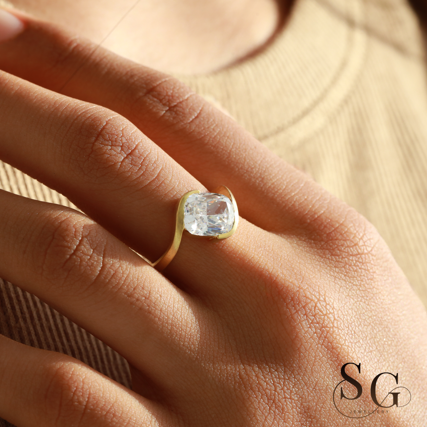 Cushion Cut Lab-Created Diamond Matte Finish Band Diamond Ring