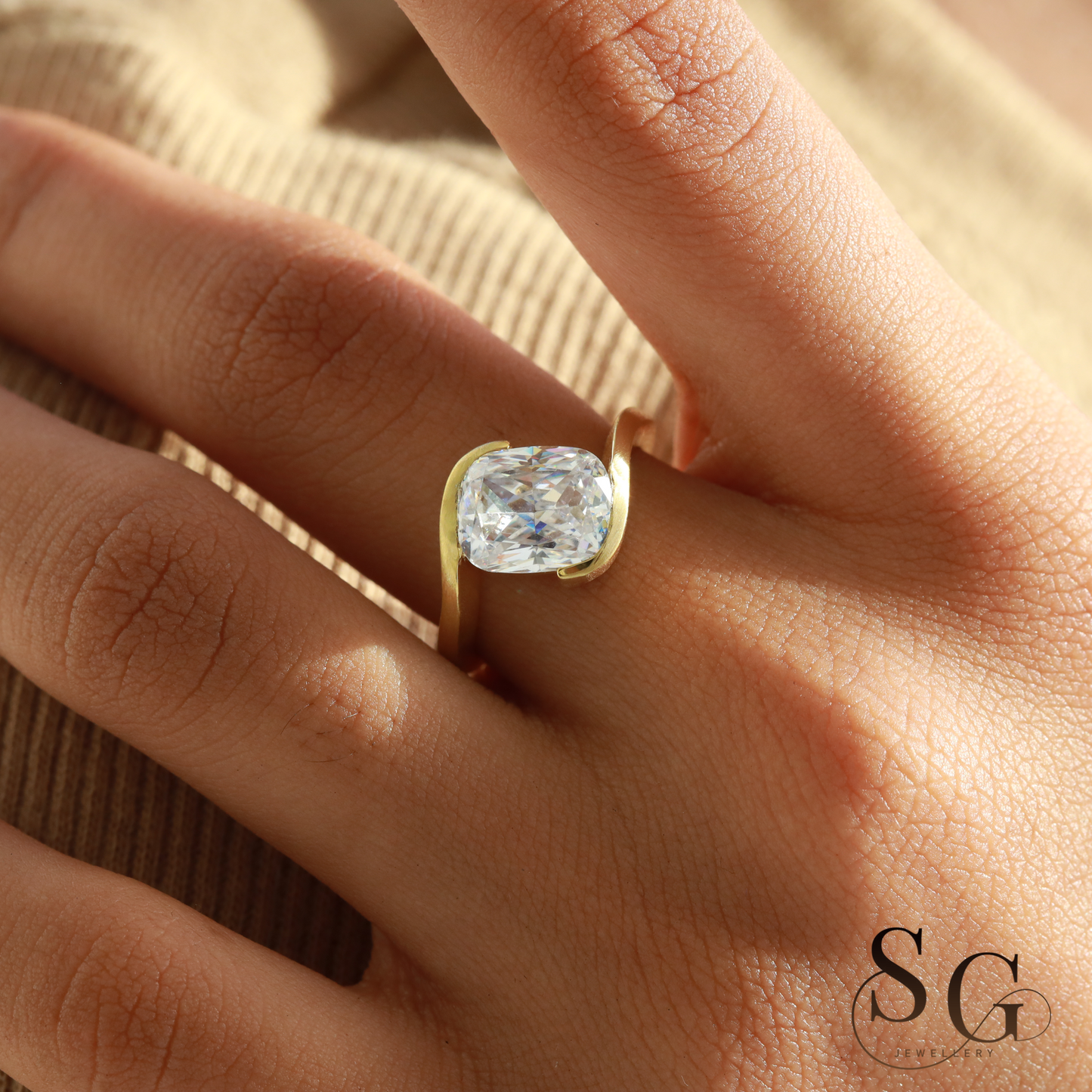 Cushion Cut Lab-Created Diamond Matte Finish Band Diamond Ring