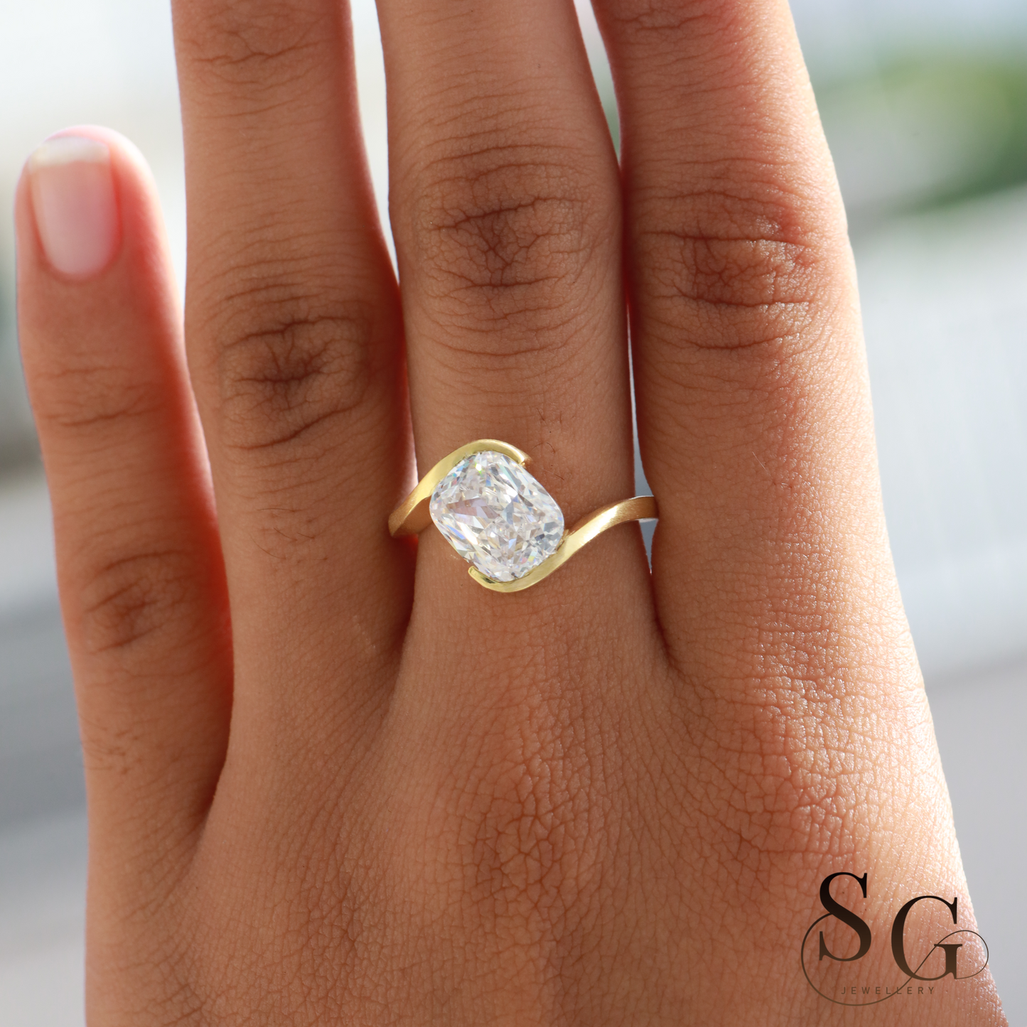 Cushion Cut Lab-Created Diamond Matte Finish Band Diamond Ring