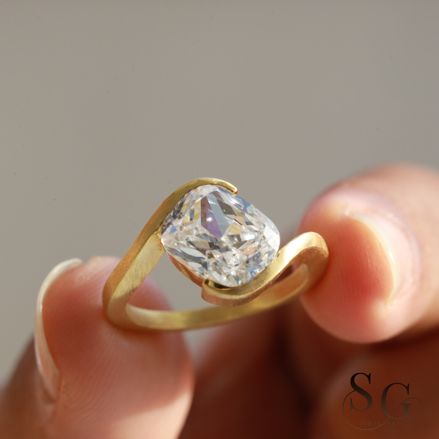 Cushion Cut Lab-Created Diamond Matte Finish Band Diamond Ring