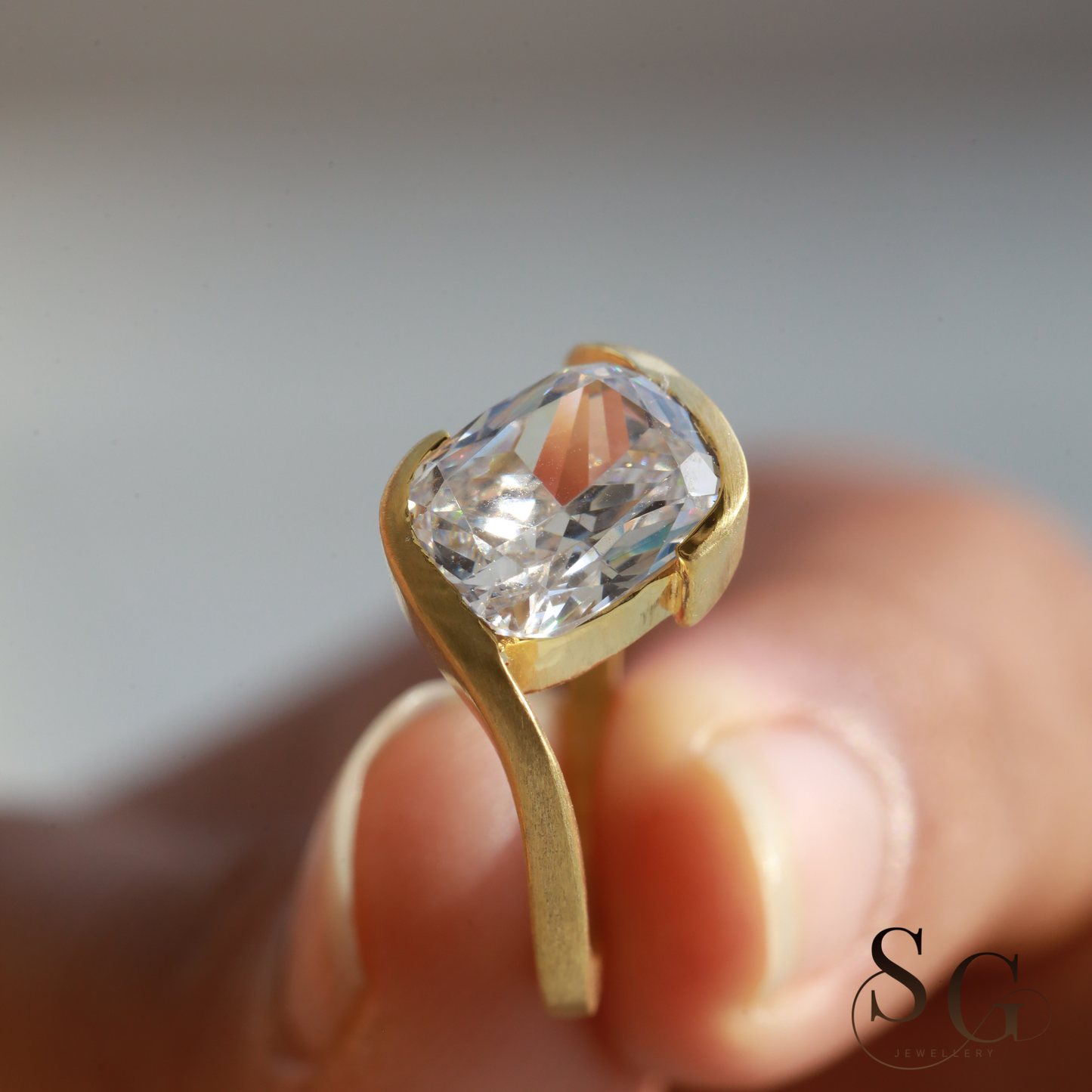 Cushion Cut Lab-Created Diamond Matte Finish Band Diamond Ring