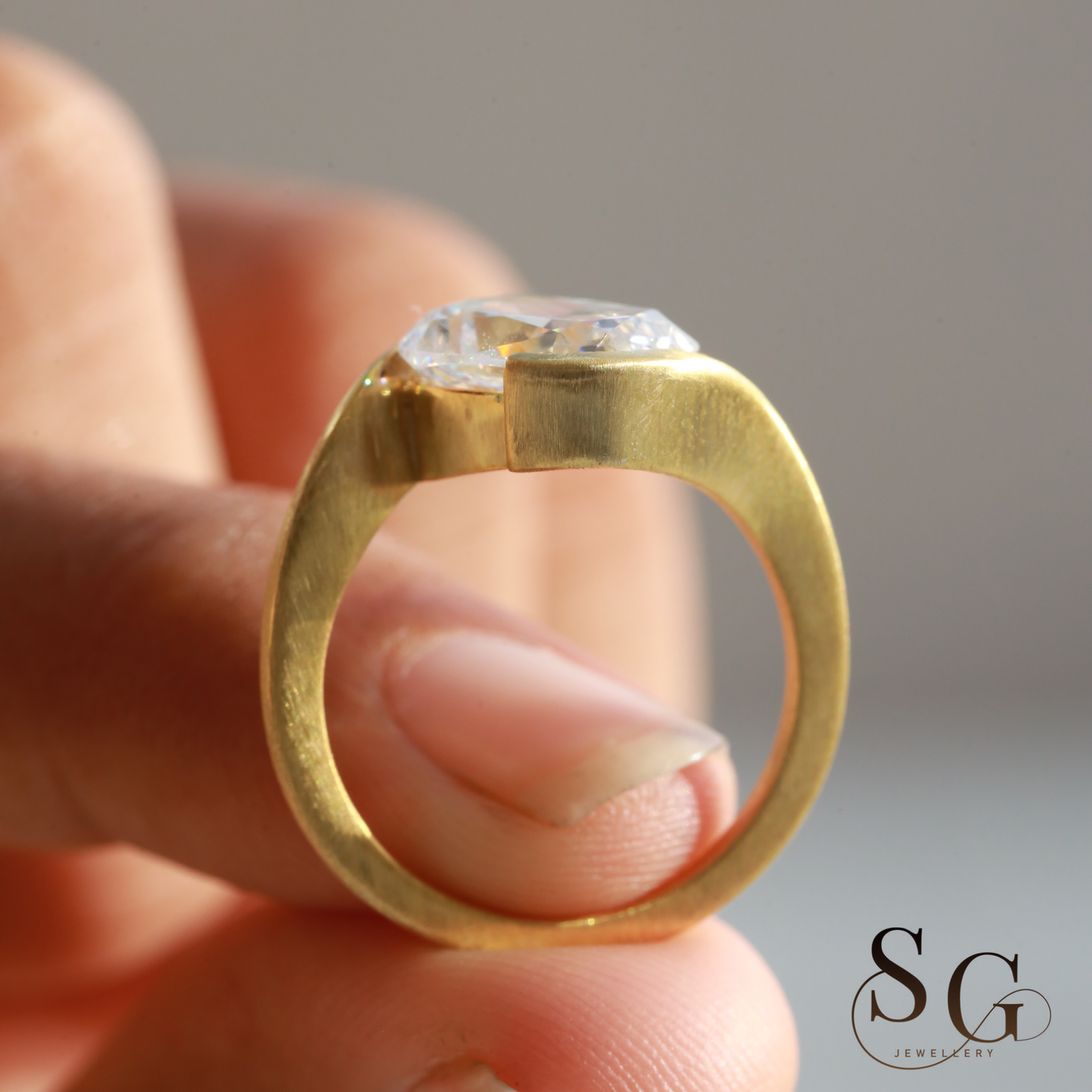 Cushion Cut Lab-Created Diamond Matte Finish Band Diamond Ring