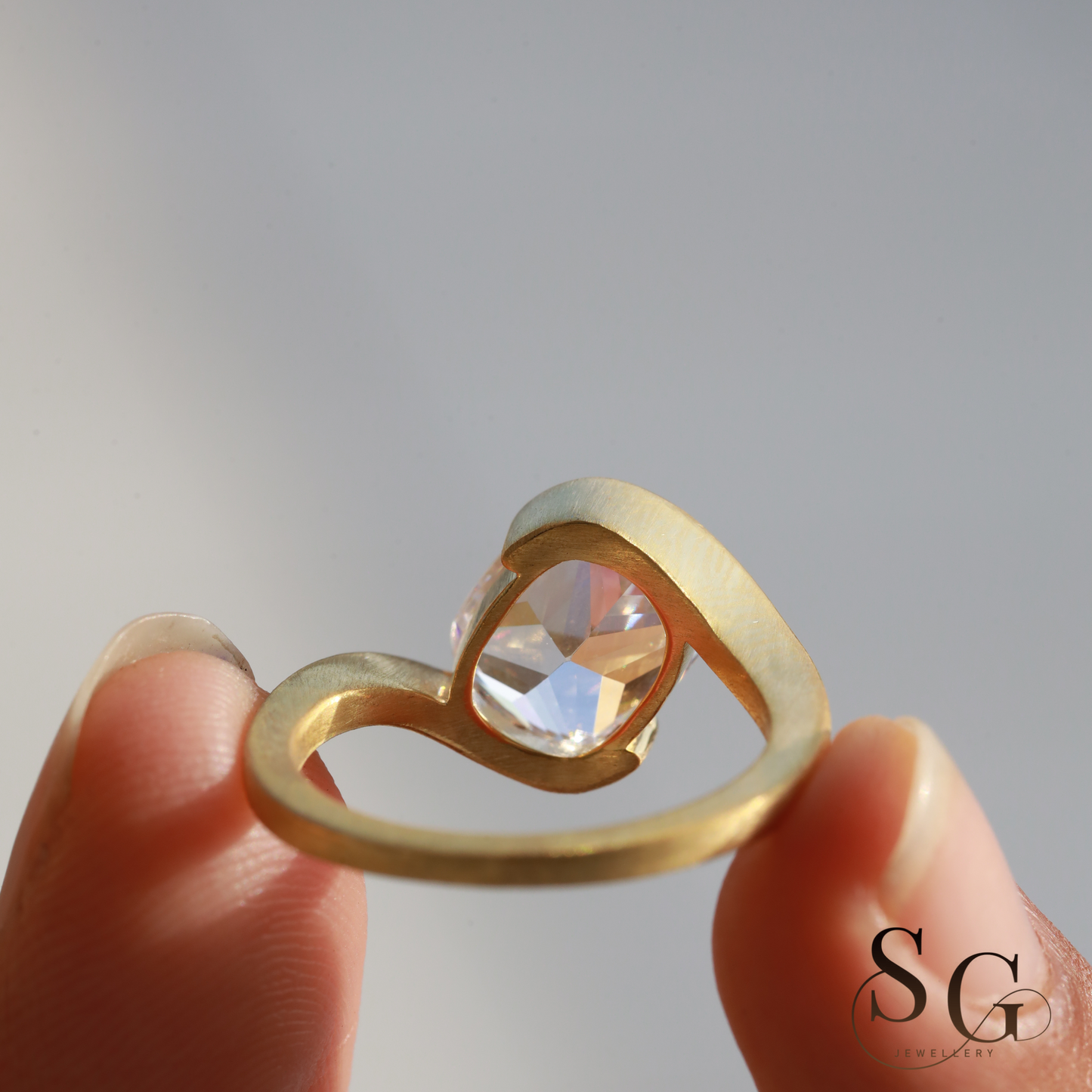 Cushion Cut Lab-Created Diamond Matte Finish Band Diamond Ring