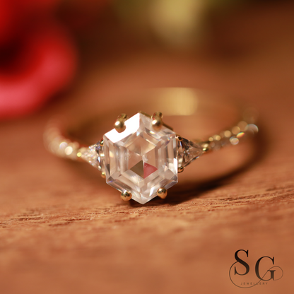 Hexagon Step Cut Lab Grown Diamond Engagement Ring