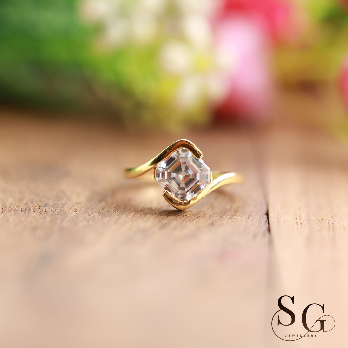 14k gold engagement ring with Asscher cut lab grown diamond (CVD)