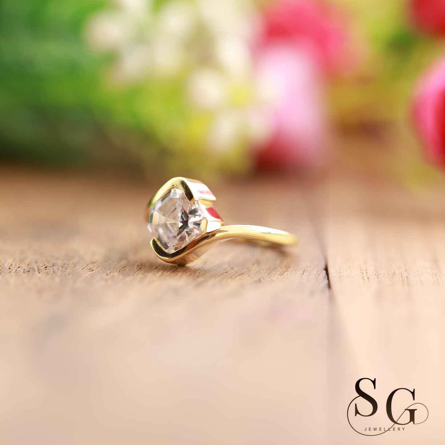 14k gold engagement ring with Asscher cut lab grown diamond (CVD)