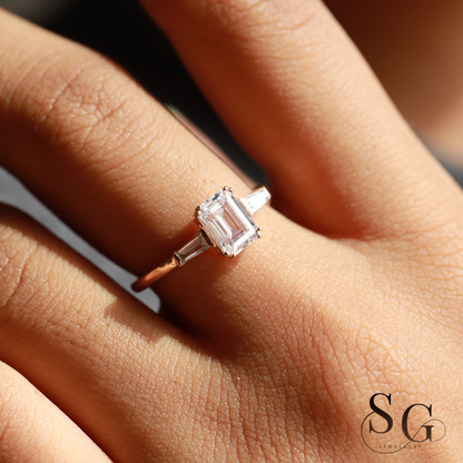 Emerald Cut Lab Grown Diamond Ring/Three Stone Engagement Ring